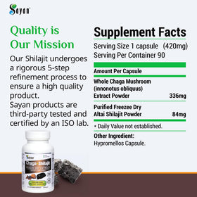 Étiquette des capsules de Chaga Sayan montrant les ingrédients