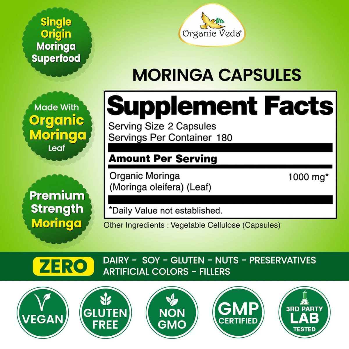 Étiquette des capsules de Moringa Organic Veda avec informations nutritionnelles