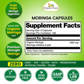 Étiquette des capsules de Moringa Organic Veda avec informations nutritionnelles