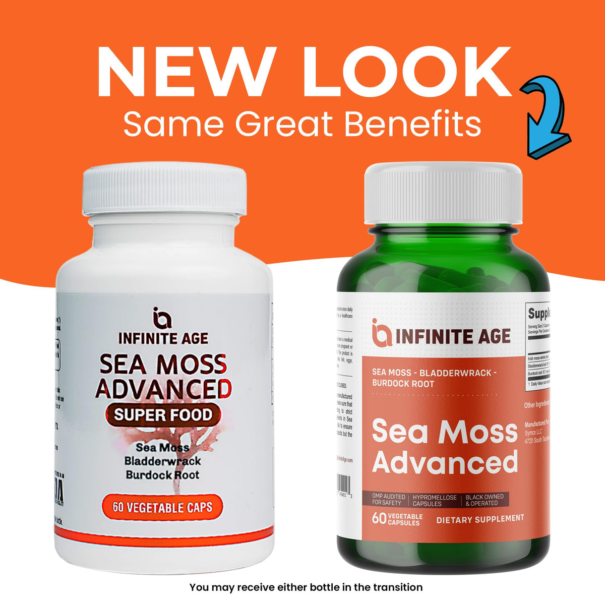 Étiquette des capsules de mousse de mer INFINITE AGE, ingrédients et dosage