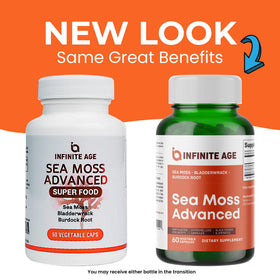 Étiquette des capsules de mousse de mer INFINITE AGE, ingrédients et dosage