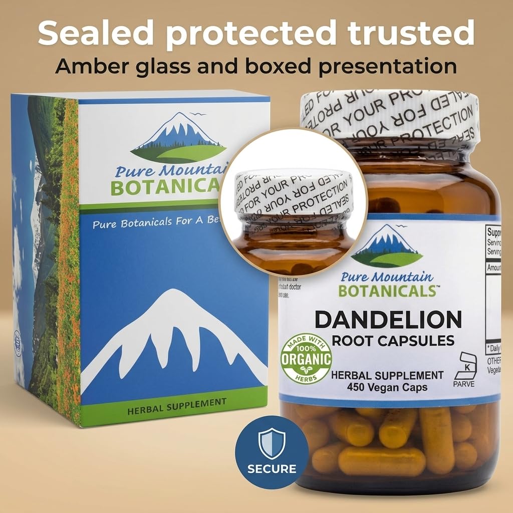 Étiquette des capsules de racine de pissenlit Pure Mountain Botanicals avec informations nutritionnelles