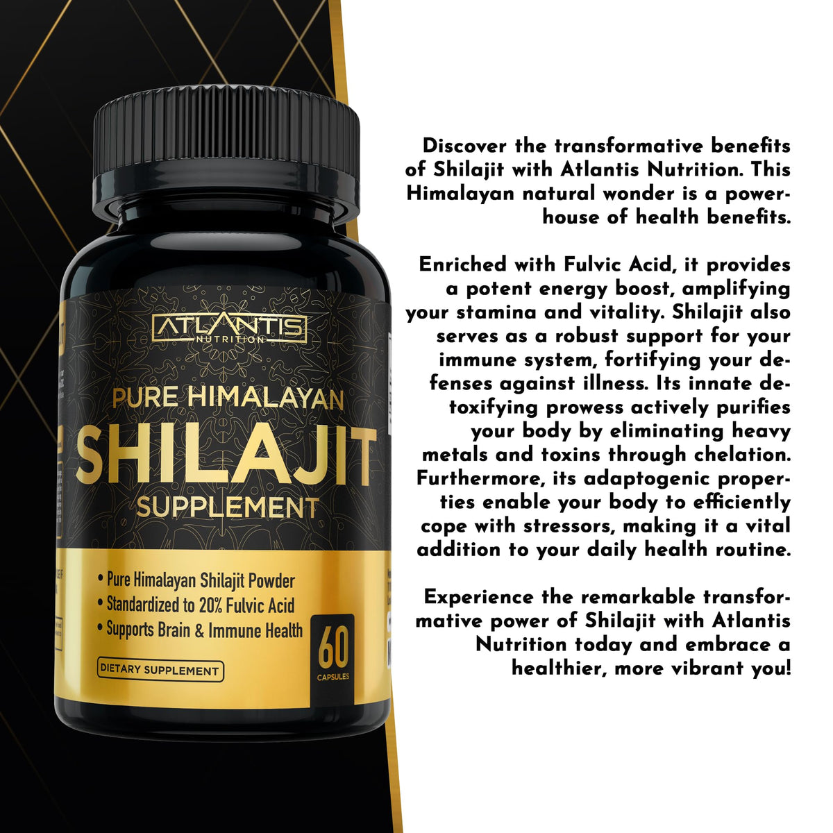 Étiquette des capsules de Shilajit Himalayen Atlantis Nutrition