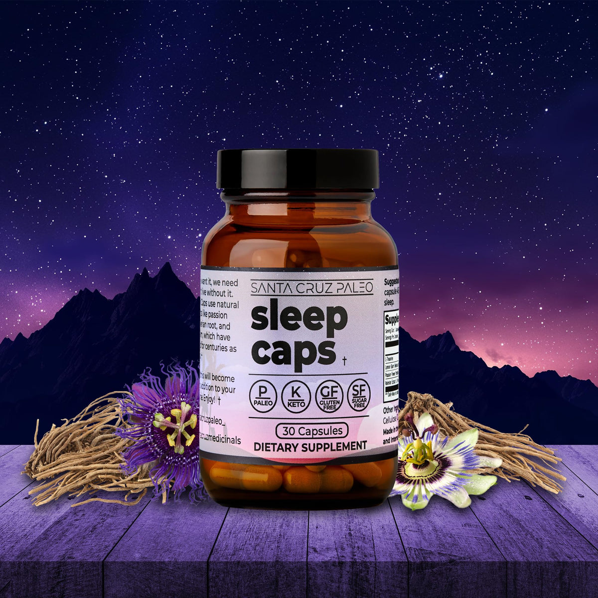 Étiquette des capsules de sommeil Santa Cruz Paleo, ingrédients listés