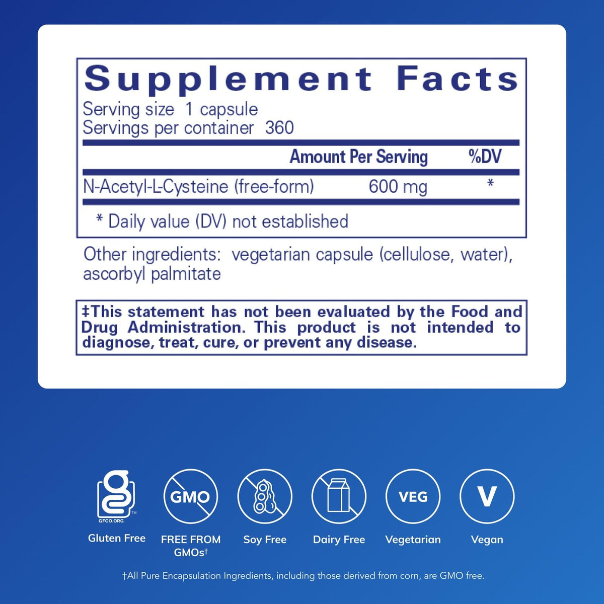 Étiquette des capsules NAC 600 mg de Pure Encapsulations