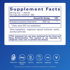 Étiquette des capsules NAC 600 mg de Pure Encapsulations