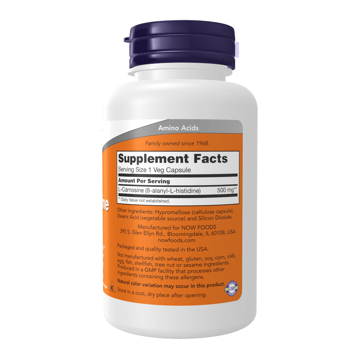 Étiquette des capsules NOW Foods L-Carnosine 500 mg