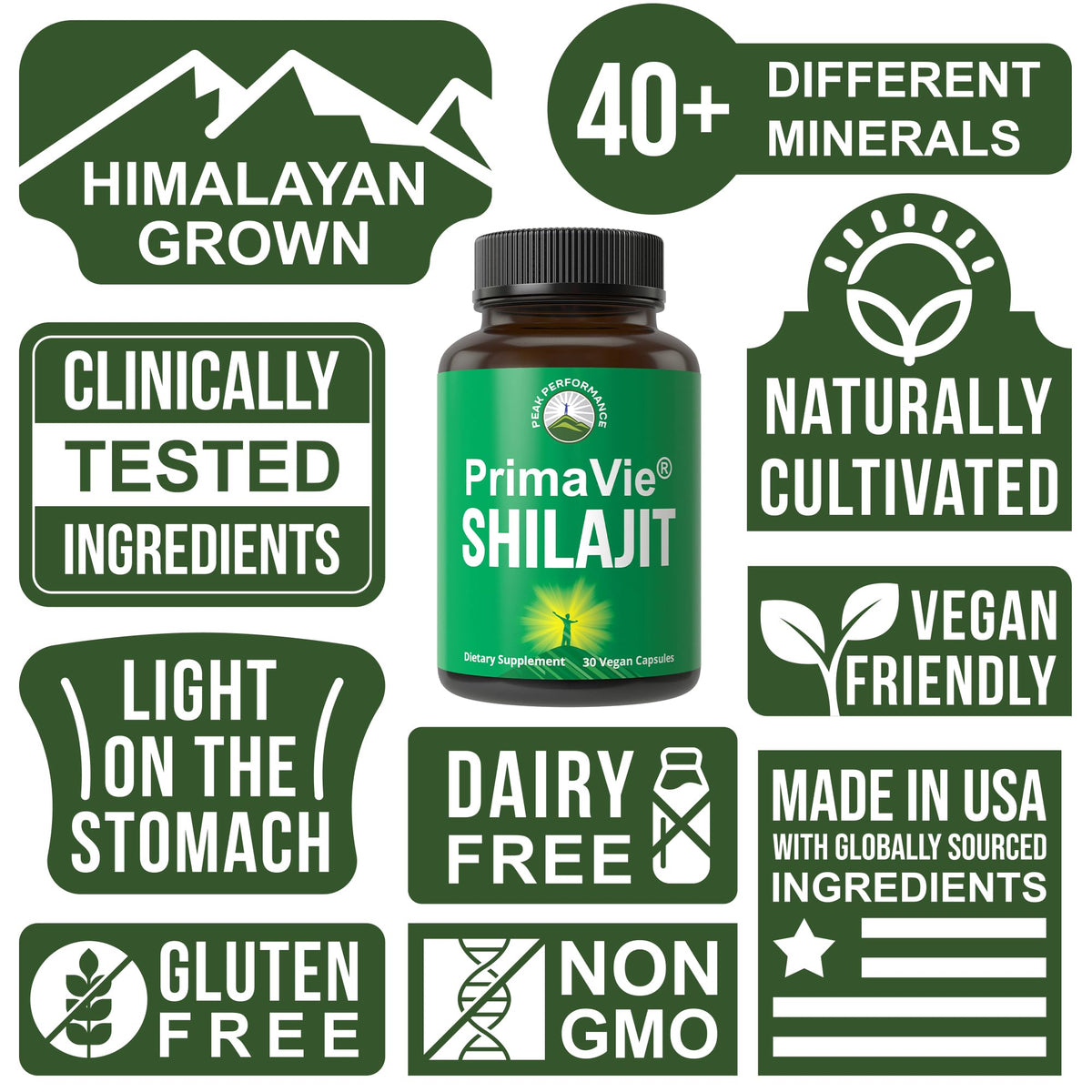 Étiquette des capsules PrimaVie Shilajit avec composition