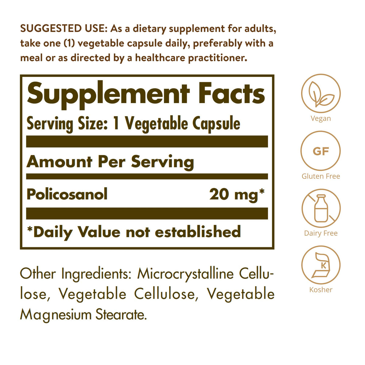 Étiquette des capsules Solgar Policosanol 20 mg