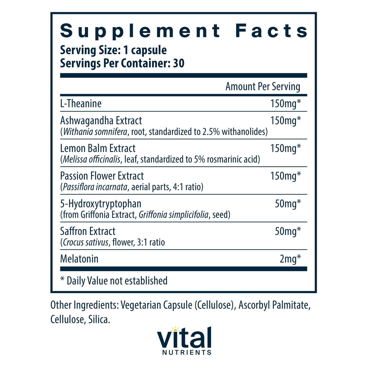 Étiquette des Capsules Sommeil + Récupération de Vital Nutrients