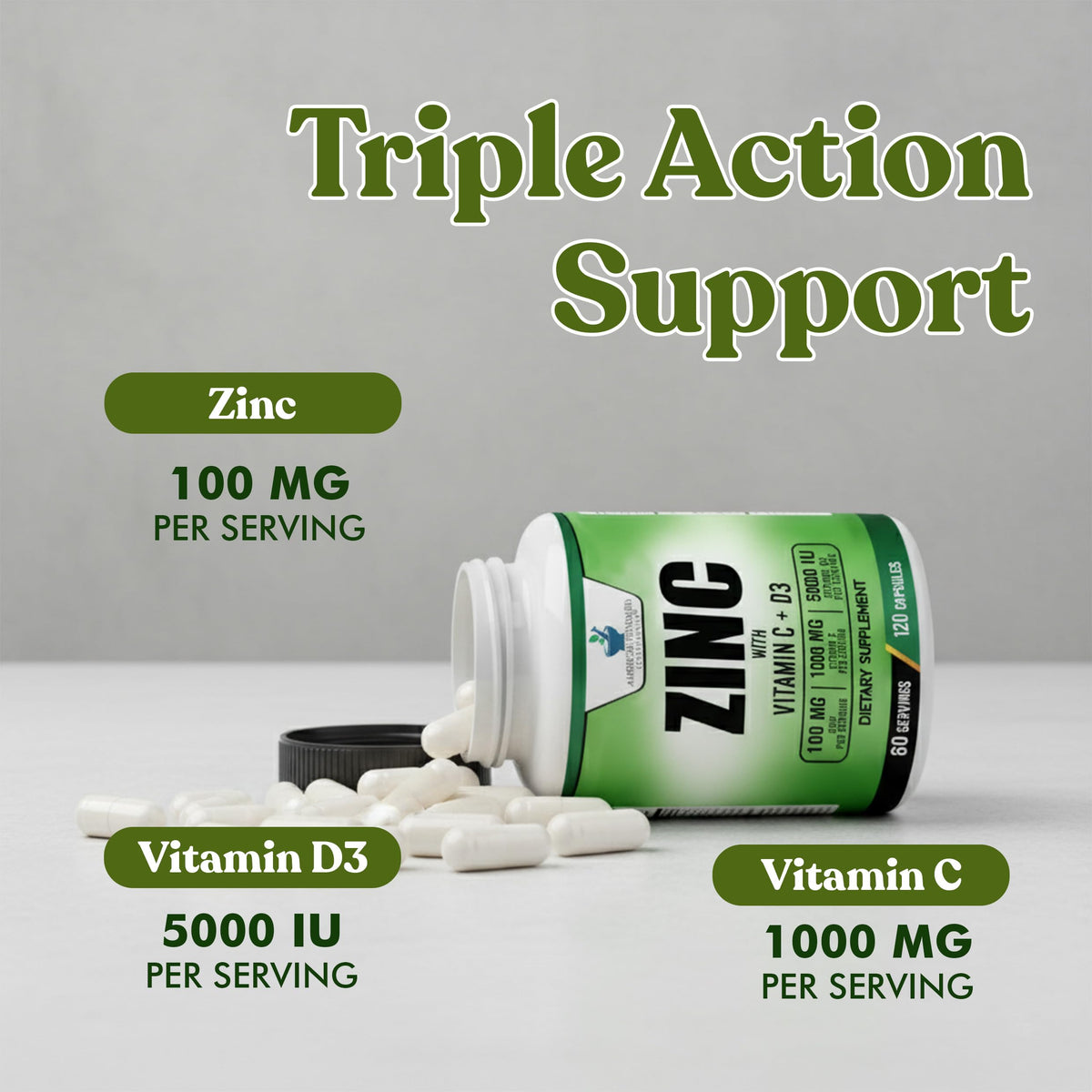Étiquette des compléments alimentaires Zinc 100mg, Vitamine C 1000mg, Vitamine D3 5000 IU