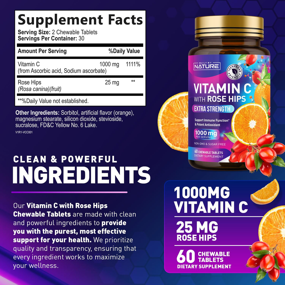 Étiquette des comprimés à mâcher Vitamine C Built by Nature