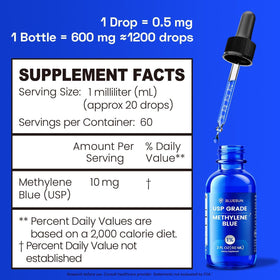 Étiquette des gouttes de bleu de méthylène Bluesun 1% avec ingrédients