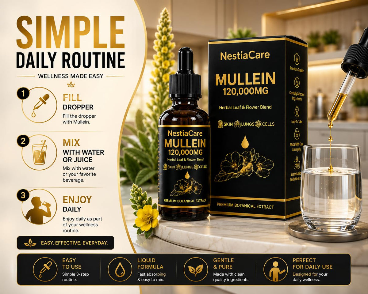 Étiquette des gouttes de Mullein de NestiaCare avec ingrédients