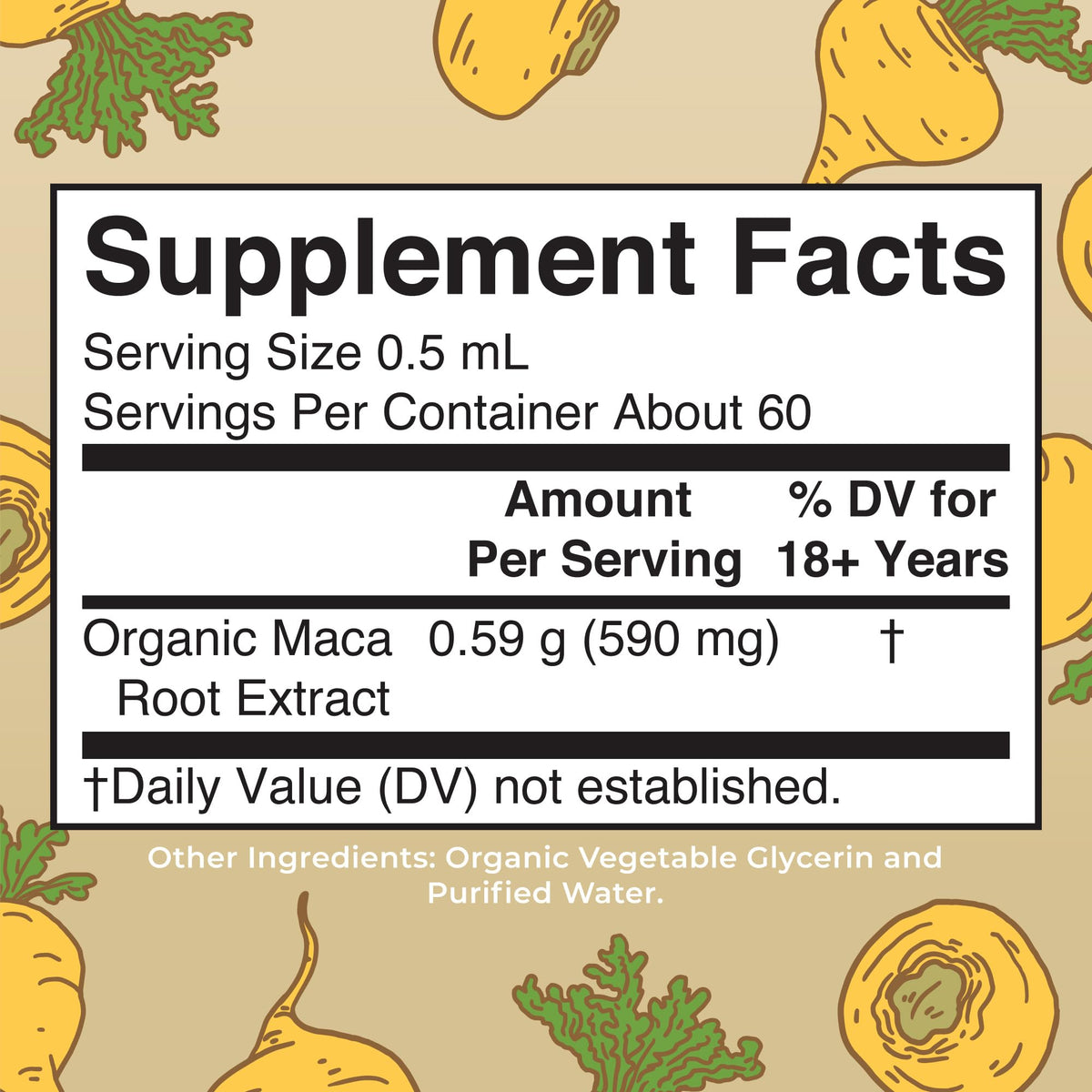 Étiquette des gouttes liquides de maca bio MARYRUTH'S avec ingrédients