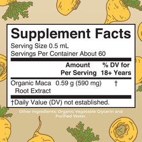 Étiquette des gouttes liquides de maca bio MARYRUTH'S avec ingrédients