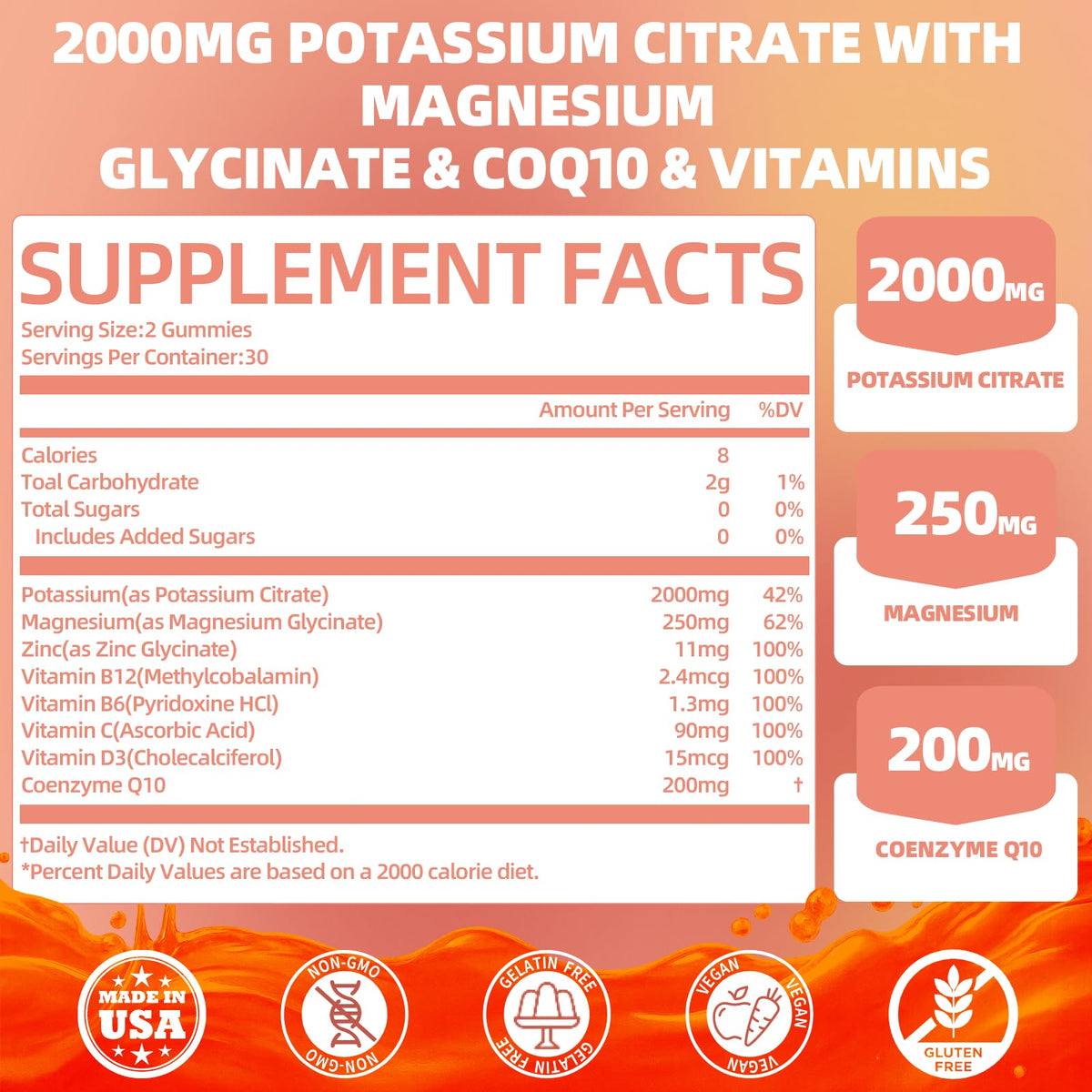 Étiquette des Gummies de Potassium QANLOI montrant les ingrédients