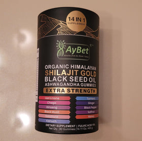 Étiquette des Gummies Shilajit Himalayen Bio AyBet montrant les ingrédients