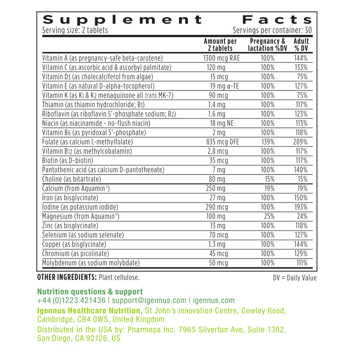 Étiquette des multivitamines prénatales Igennus
