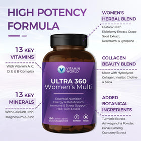 Étiquette des multivitamines Ultra 360 Vitamin World avec ingrédients et dosage