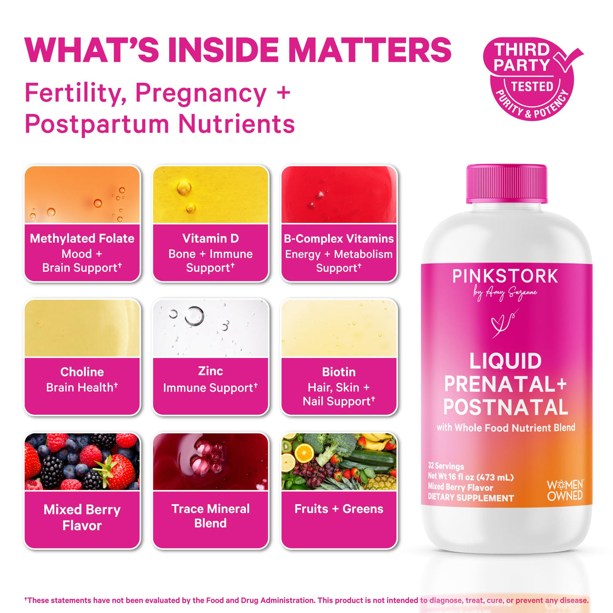 Étiquette des vitamines prénatales liquides Pink Stork, ingrédients et dosage