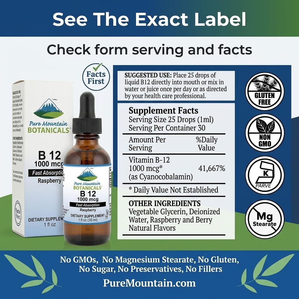 Étiquette détaillée du flacon de B12 Pure Mountain Botanicals