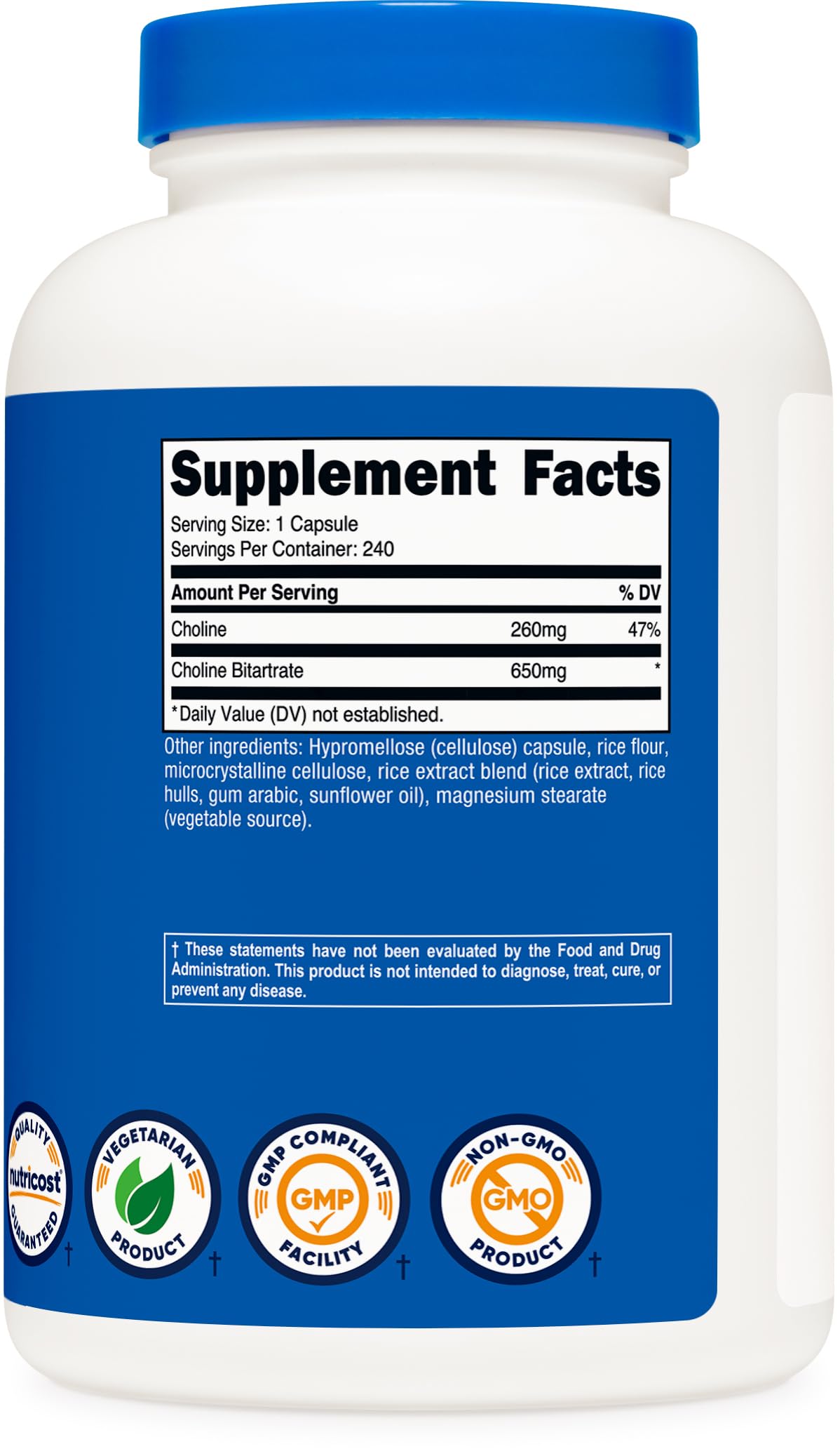 Étiquette détaillée du flacon de Nutricost Choline Bitartrate