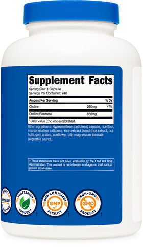 Étiquette détaillée du flacon de Nutricost Choline Bitartrate