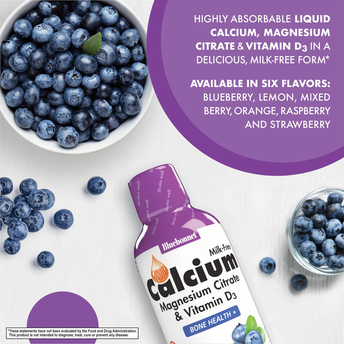 Étiquette du Calcium Liquide BlueBonnet avec ingrédients et informations nutritionnelles