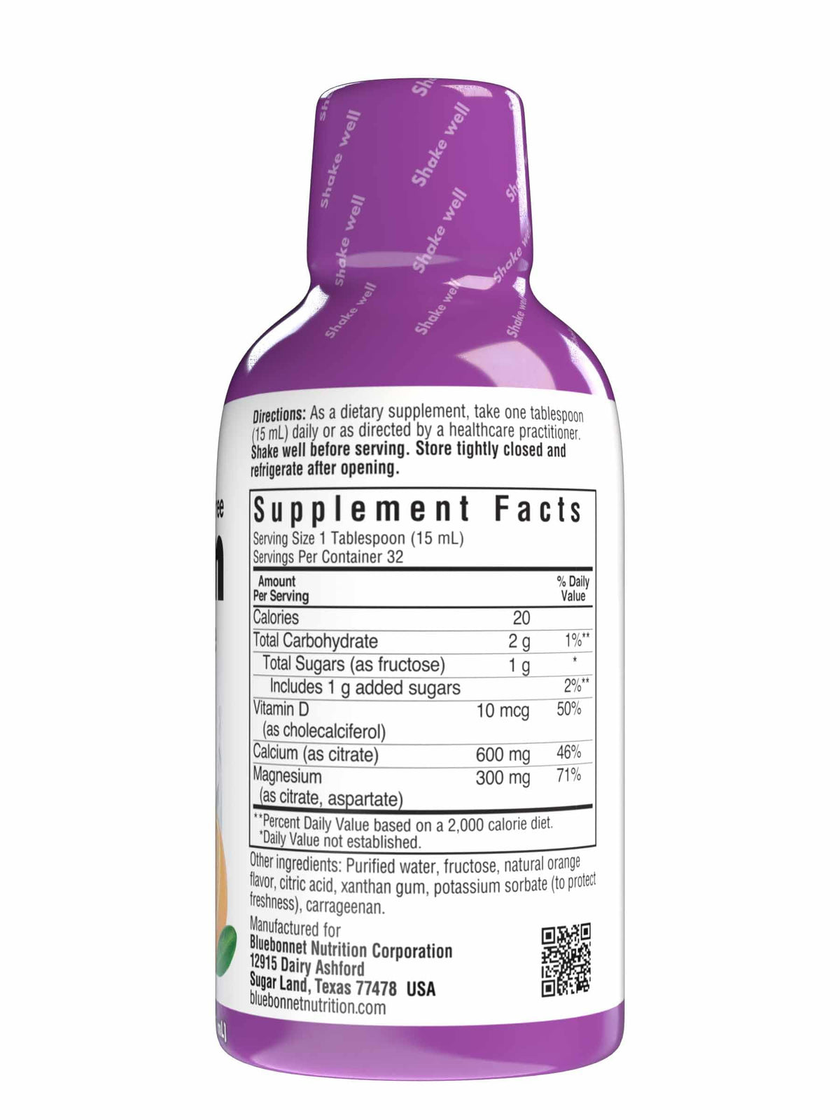 Étiquette du Calcium Liquide BlueBonnet montrant ingrédients et informations