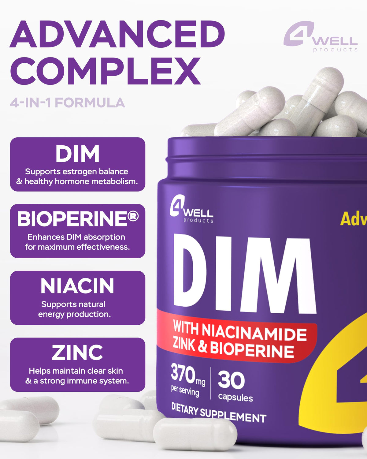 Étiquette du complément alimentaire DIM 370mg, détails des ingrédients