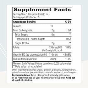 Étiquette du complément alimentaire Fer Liquide avec ingrédients et dosage
