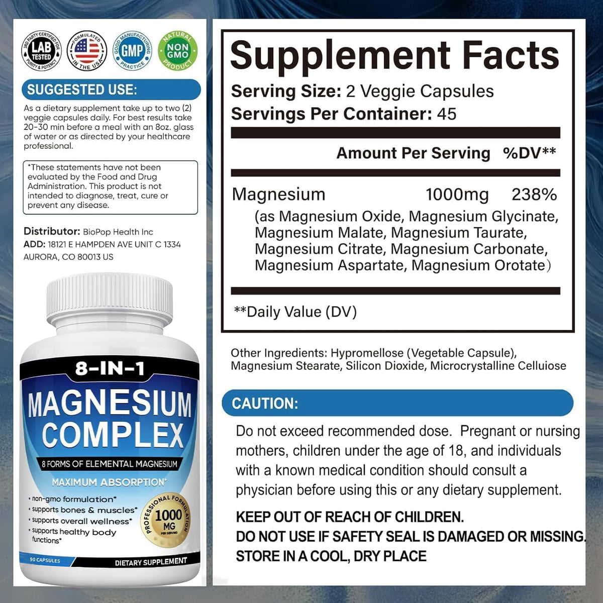 Étiquette du complément alimentaire magnésium 1000mg 8-en-1 de caicieter