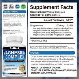 Étiquette du complément alimentaire magnésium 1000mg 8-en-1 de caicieter