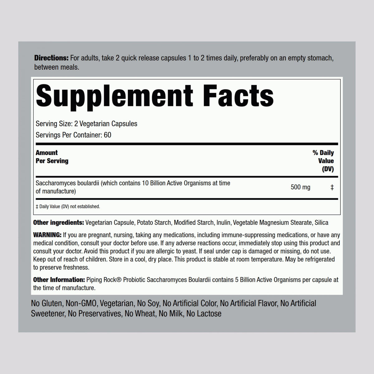 Étiquette du complément alimentaire Piping Rock Saccharomyces Boulardii