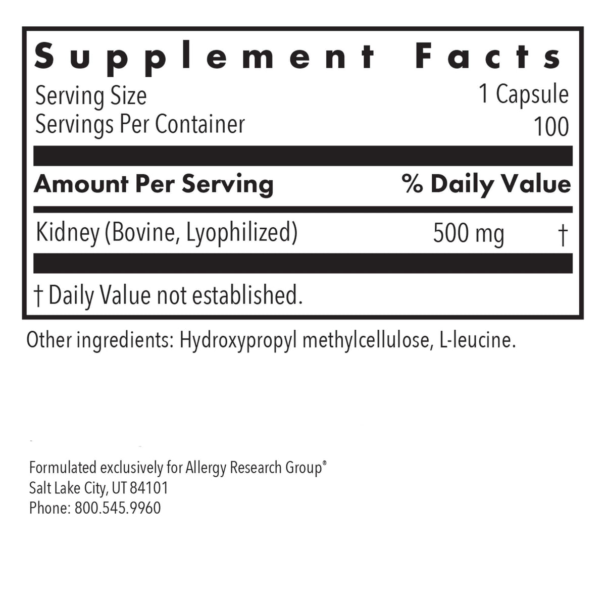 Étiquette du Complément Alimentaire Rein Bovin Allergy Research Group 100 Vegicaps