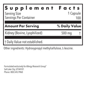 Étiquette du Complément Alimentaire Rein Bovin Allergy Research Group 100 Vegicaps
