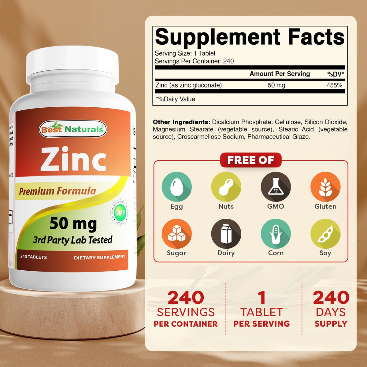 Étiquette du complément alimentaire Zinc Gluconate Best Naturals