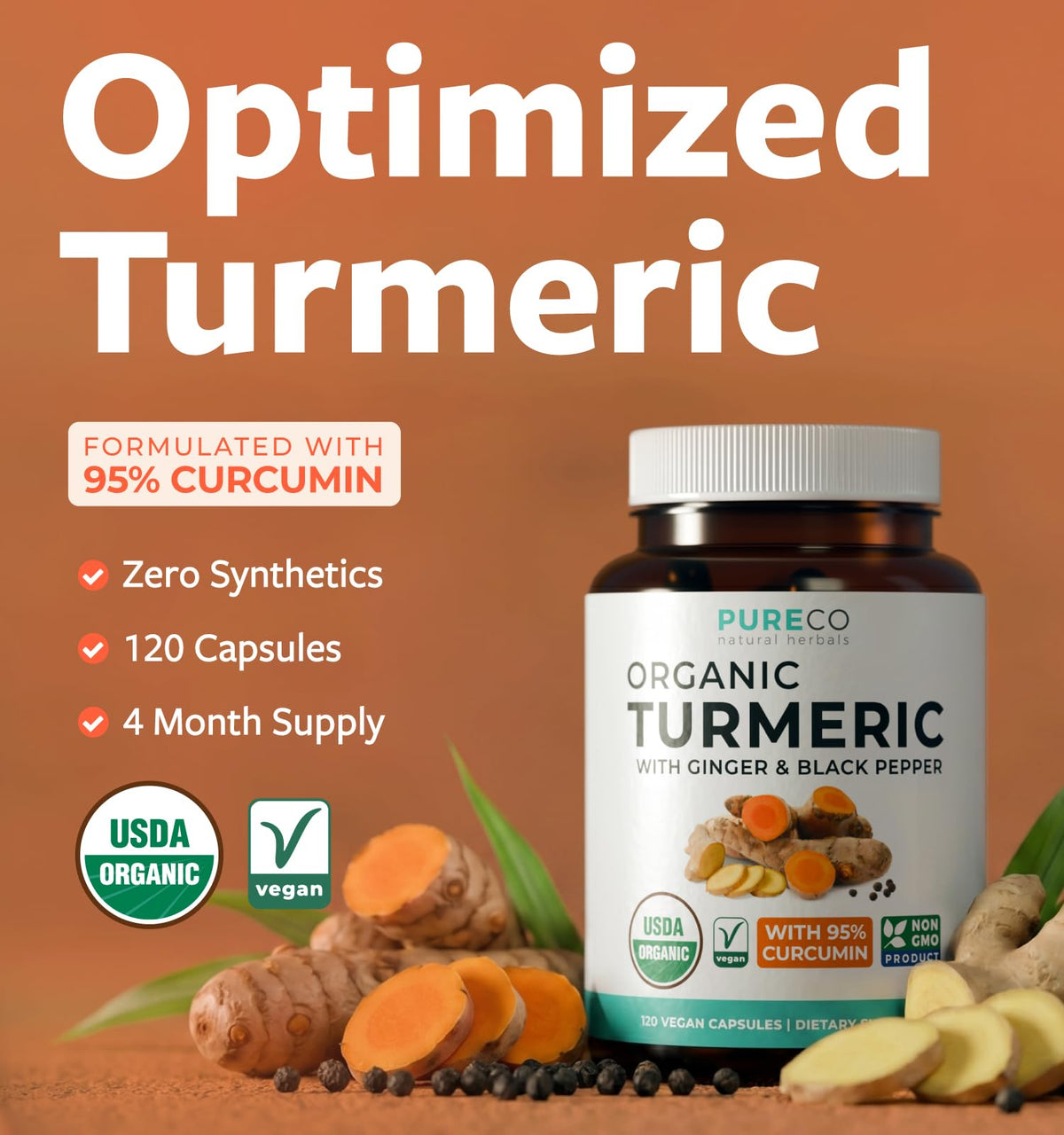 Étiquette du complément de curcuma bio PURE CO montrant les ingrédients