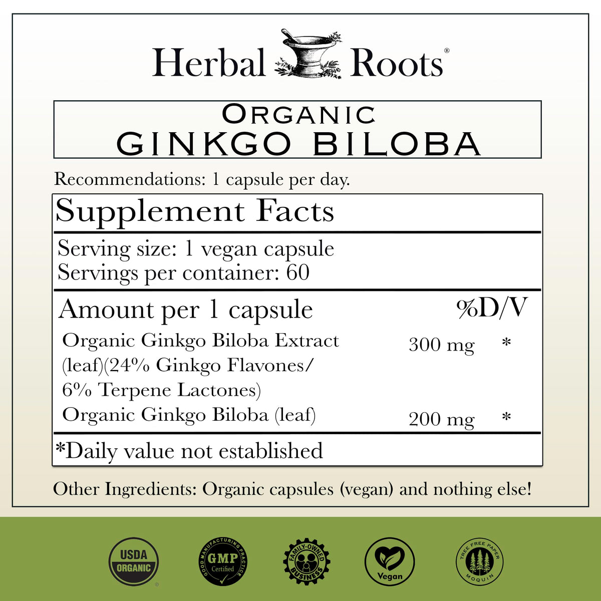 Étiquette du complément Herbal Roots Ginkgo Biloba avec ingrédients