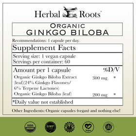 Étiquette du complément Herbal Roots Ginkgo Biloba avec ingrédients