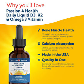 Étiquette du complément liquide D3 K2 Omega 3 Passion 4 Life avec dosage