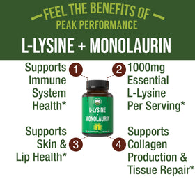 Étiquette du complément Peak Performance L Lysine 1000mg + Monolaurin 500mg