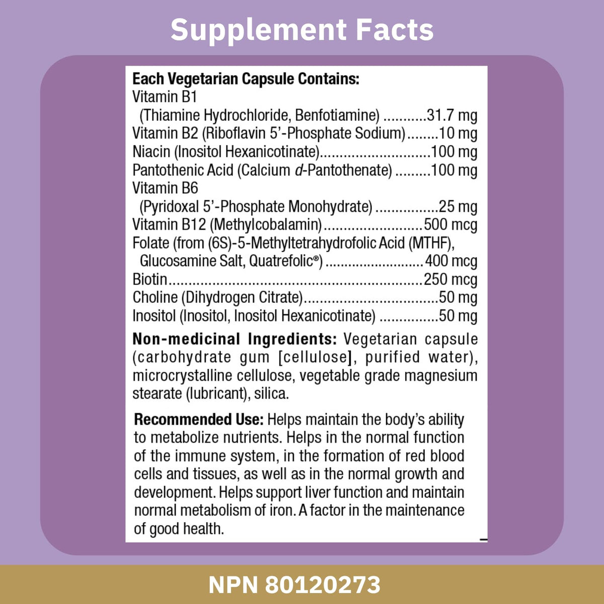 Étiquette du Complexe B Amélioré de Bioclinic Naturals, informations nutritionnelles