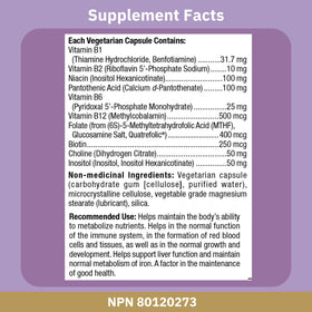Étiquette du Complexe B Amélioré de Bioclinic Naturals, informations nutritionnelles
