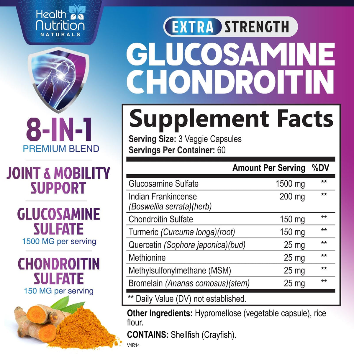 Étiquette du complexe Glucosamine Chondroïtine 2100mg avec dosage