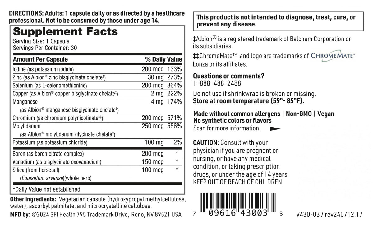 Étiquette du complexe minéral trace LDA SFI Health avec informations nutritionnelles