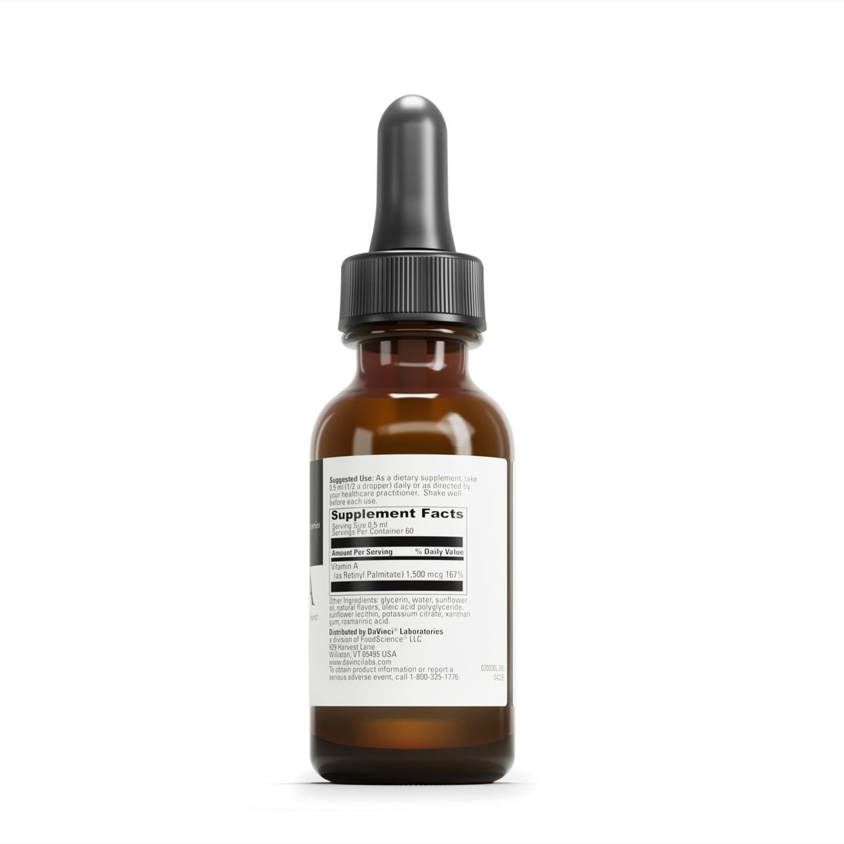 Étiquette du DAVINCI Liposomal A montrant les ingrédients et la composition