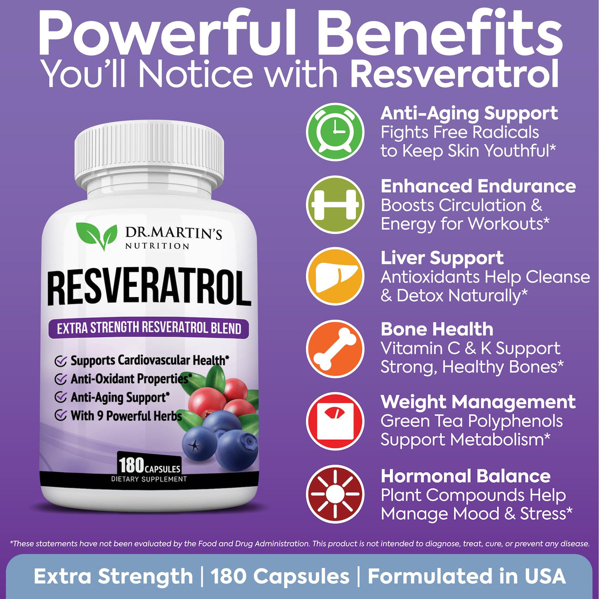 Étiquette du DR. MARTIN'S NUTRITION Resvératrol Renforcé avec dosage