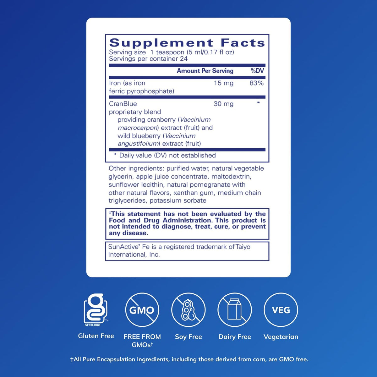 Étiquette du Fer Liquide Pure Encapsulations avec ingrédients